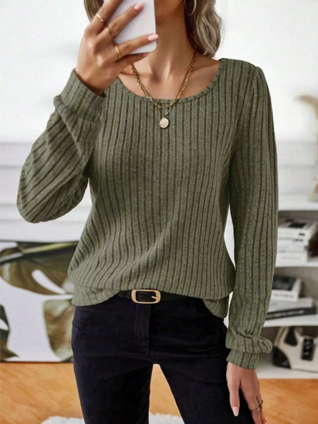 Ribbed Knit Long Sleeve T-Shirt - Image 21