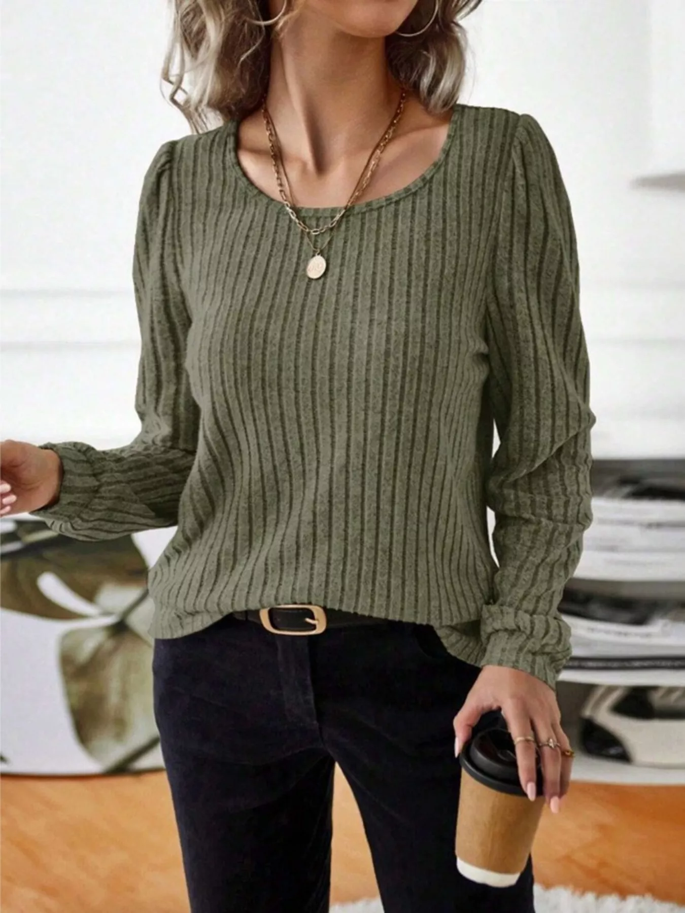 Ribbed Knit Long Sleeve T-Shirt - Image 22