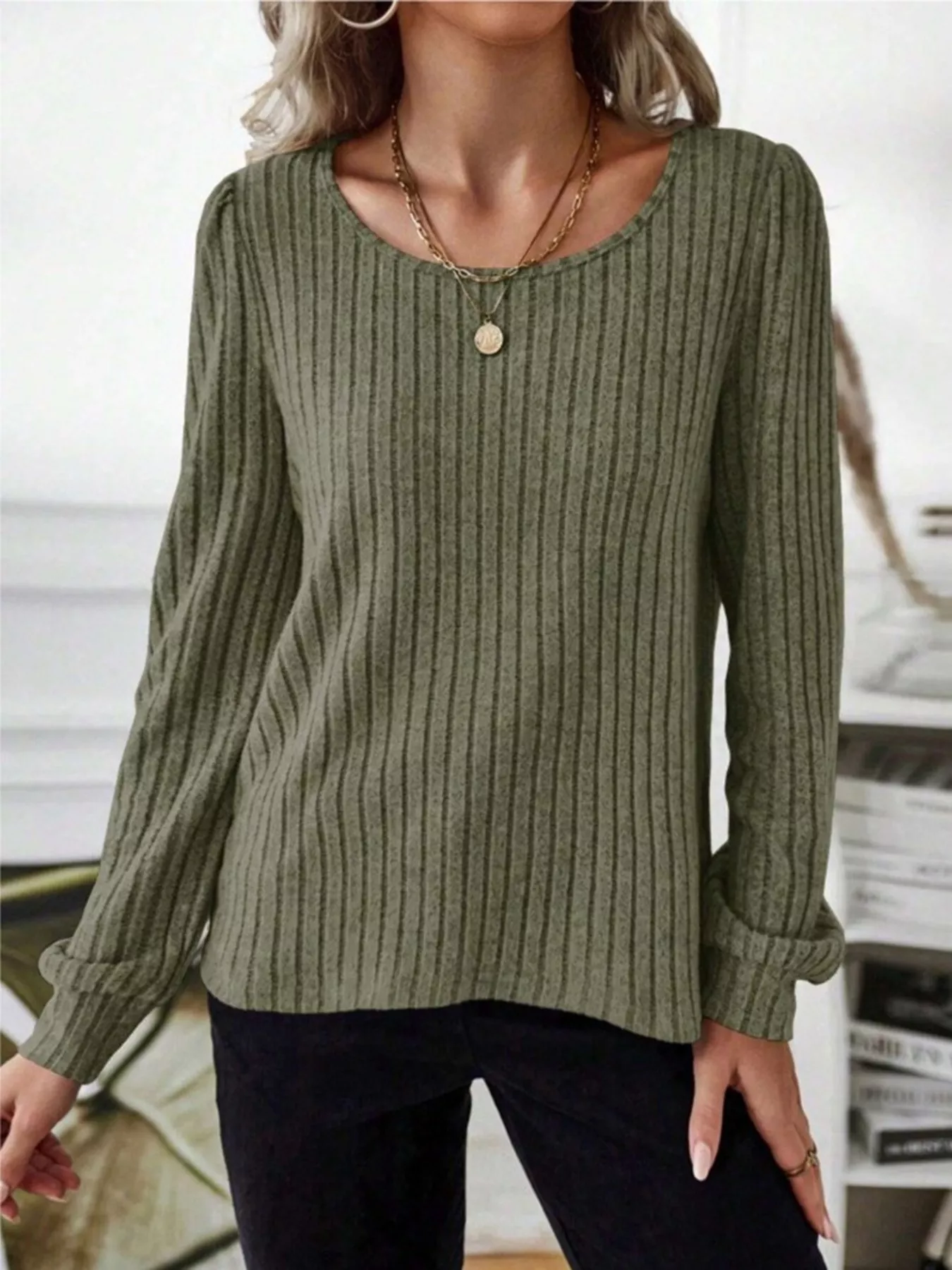 Ribbed Knit Long Sleeve T-Shirt - Image 23