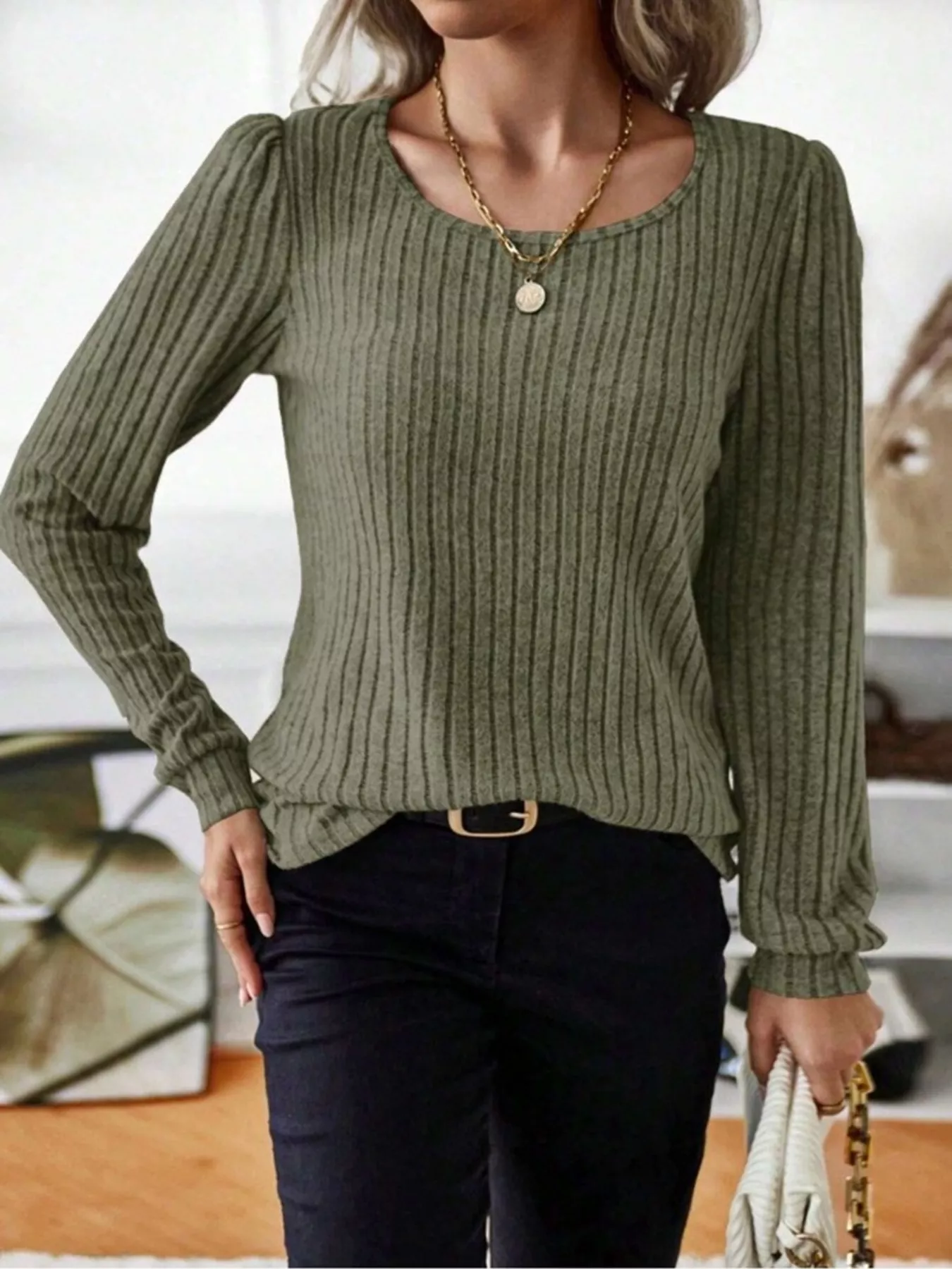 Ribbed Knit Long Sleeve T-Shirt - Image 24