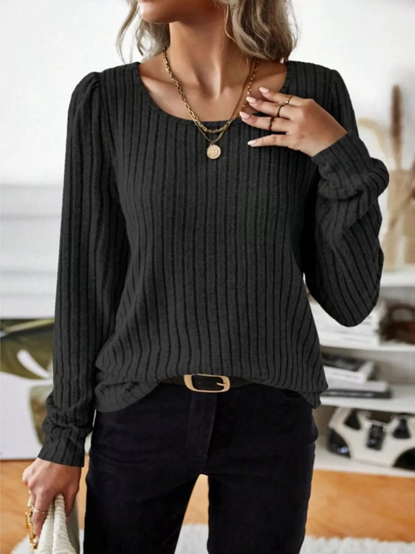 Ribbed Knit Long Sleeve T-Shirt - Image 25