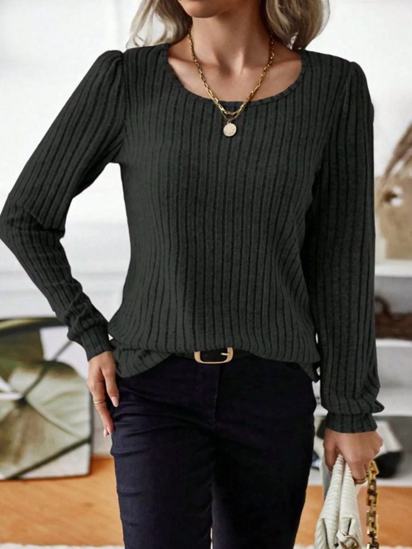 Ribbed Knit Long Sleeve T-Shirt - Image 27
