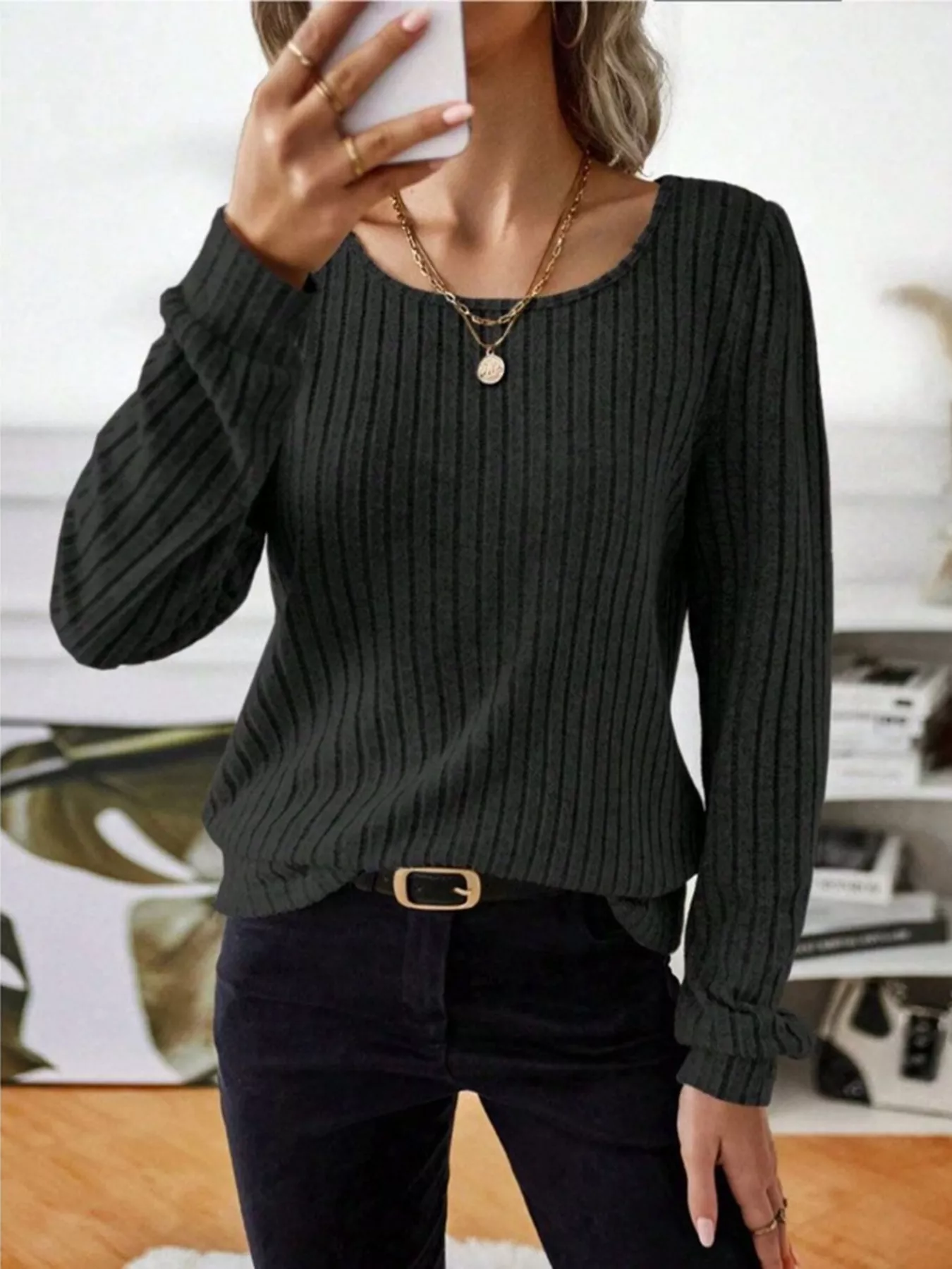 Ribbed Knit Long Sleeve T-Shirt - Image 28