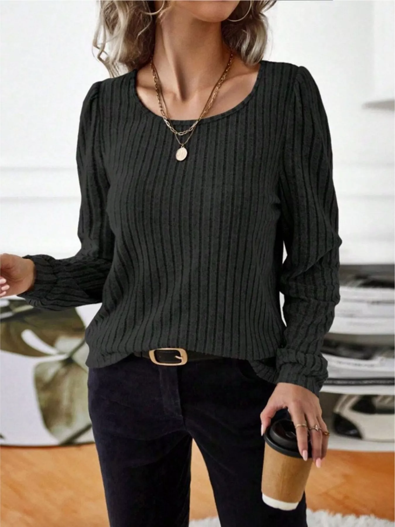 Ribbed Knit Long Sleeve T-Shirt - Image 29