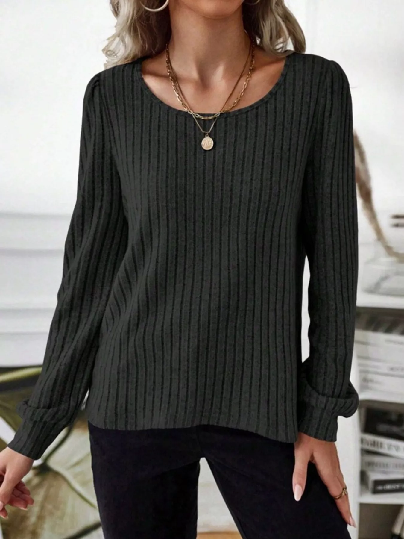 Ribbed Knit Long Sleeve T-Shirt - Image 30