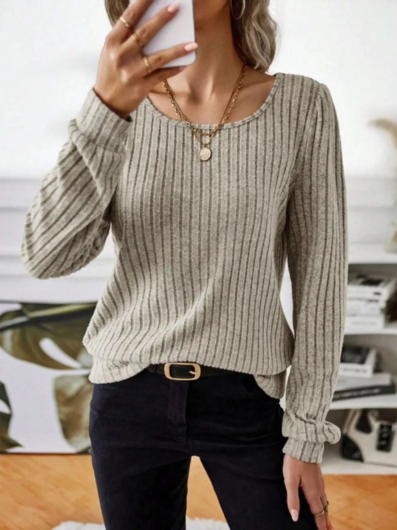 Ribbed Knit Long Sleeve T-Shirt - Image 5