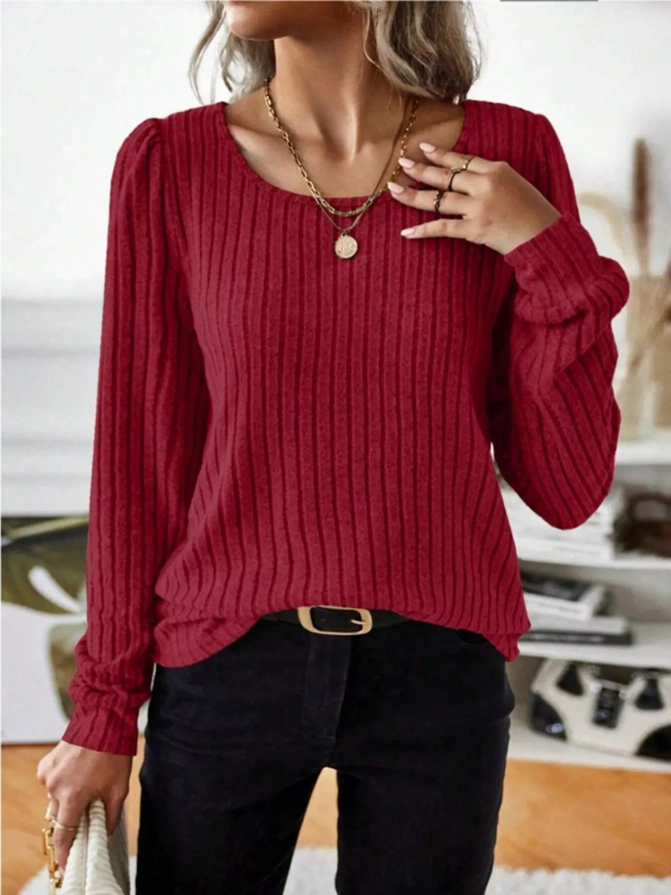 Ribbed Knit Long Sleeve T-Shirt - Image 7
