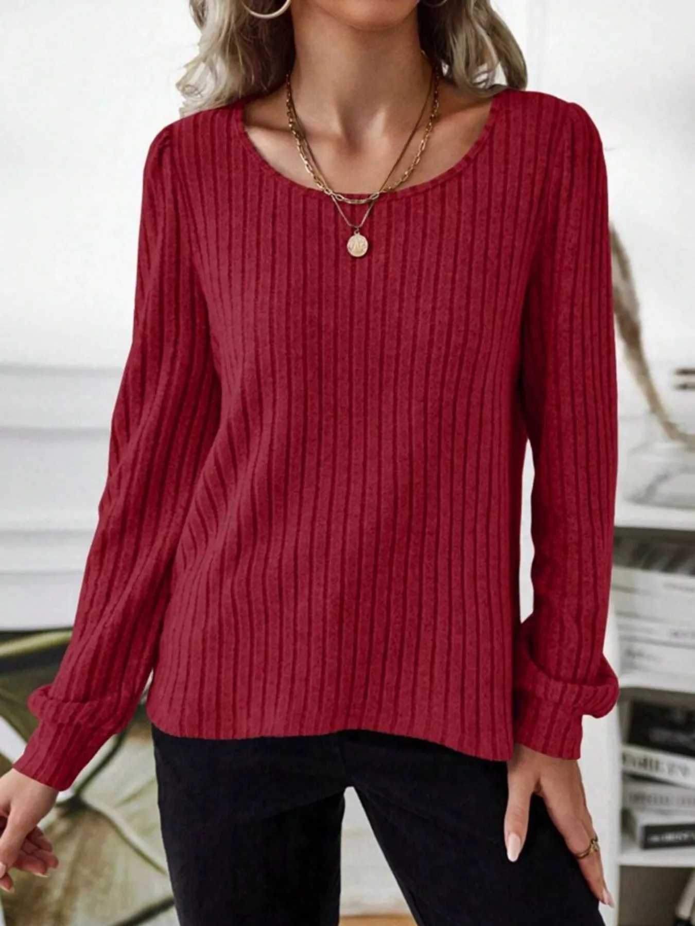 Ribbed Knit Long Sleeve T-Shirt - Image 9