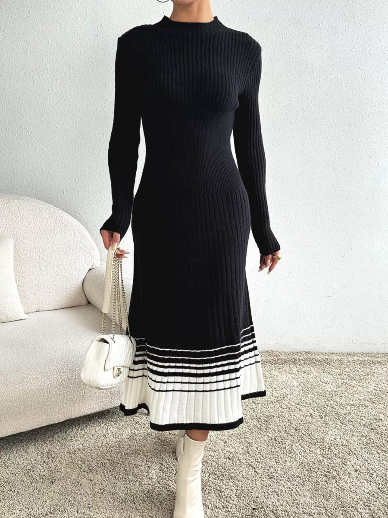 Ribbed Knit Sweater Dress with Striped Hem - Image 2