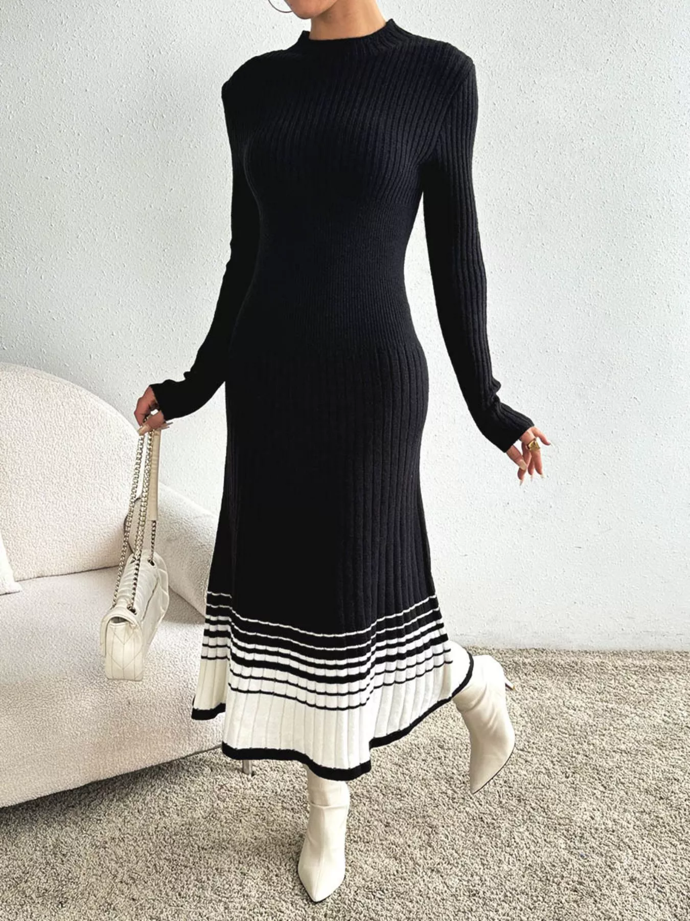 Ribbed Knit Sweater Dress with Striped Hem - Image 5
