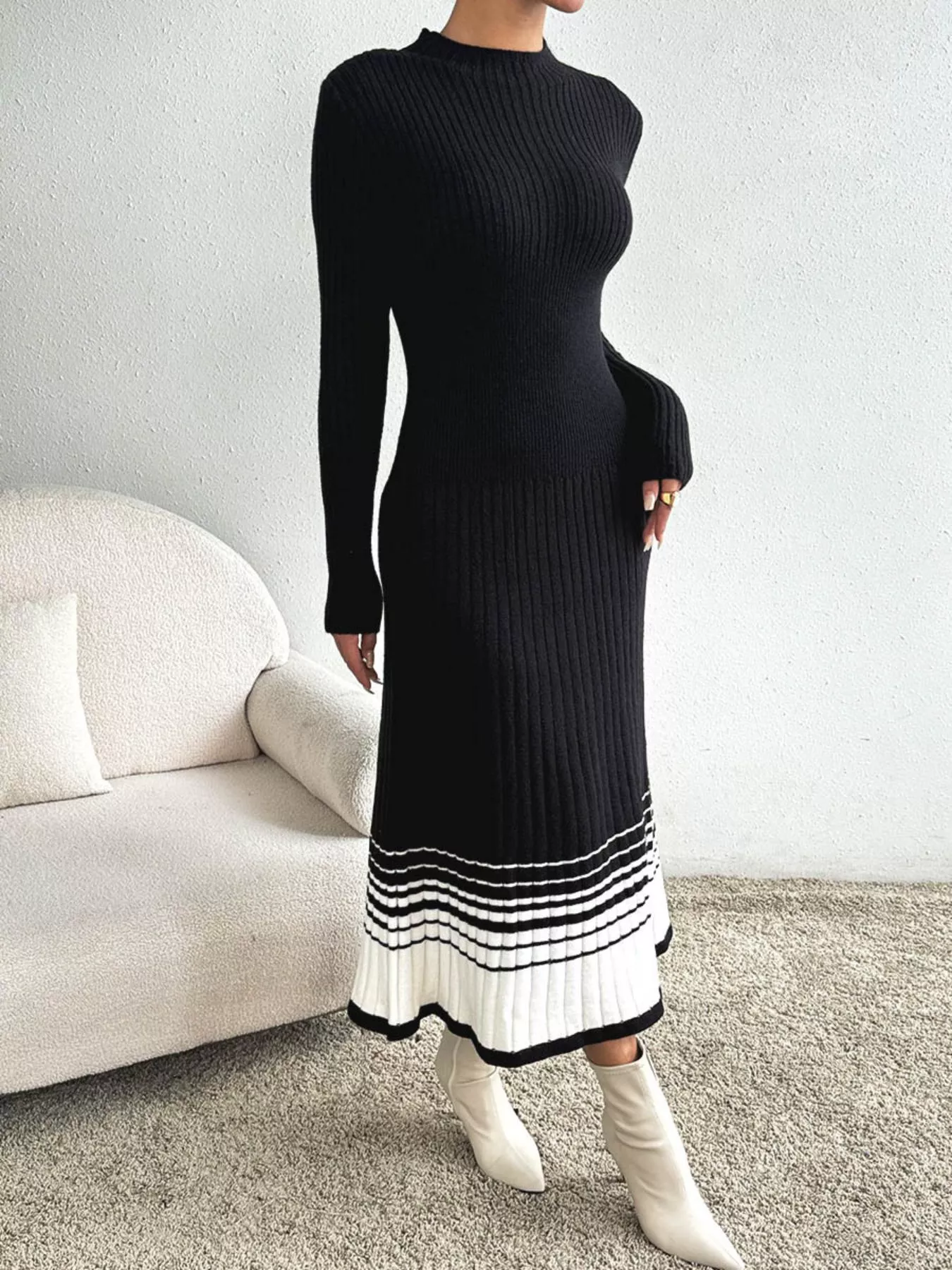 Ribbed Knit Sweater Dress with Striped Hem - Image 7