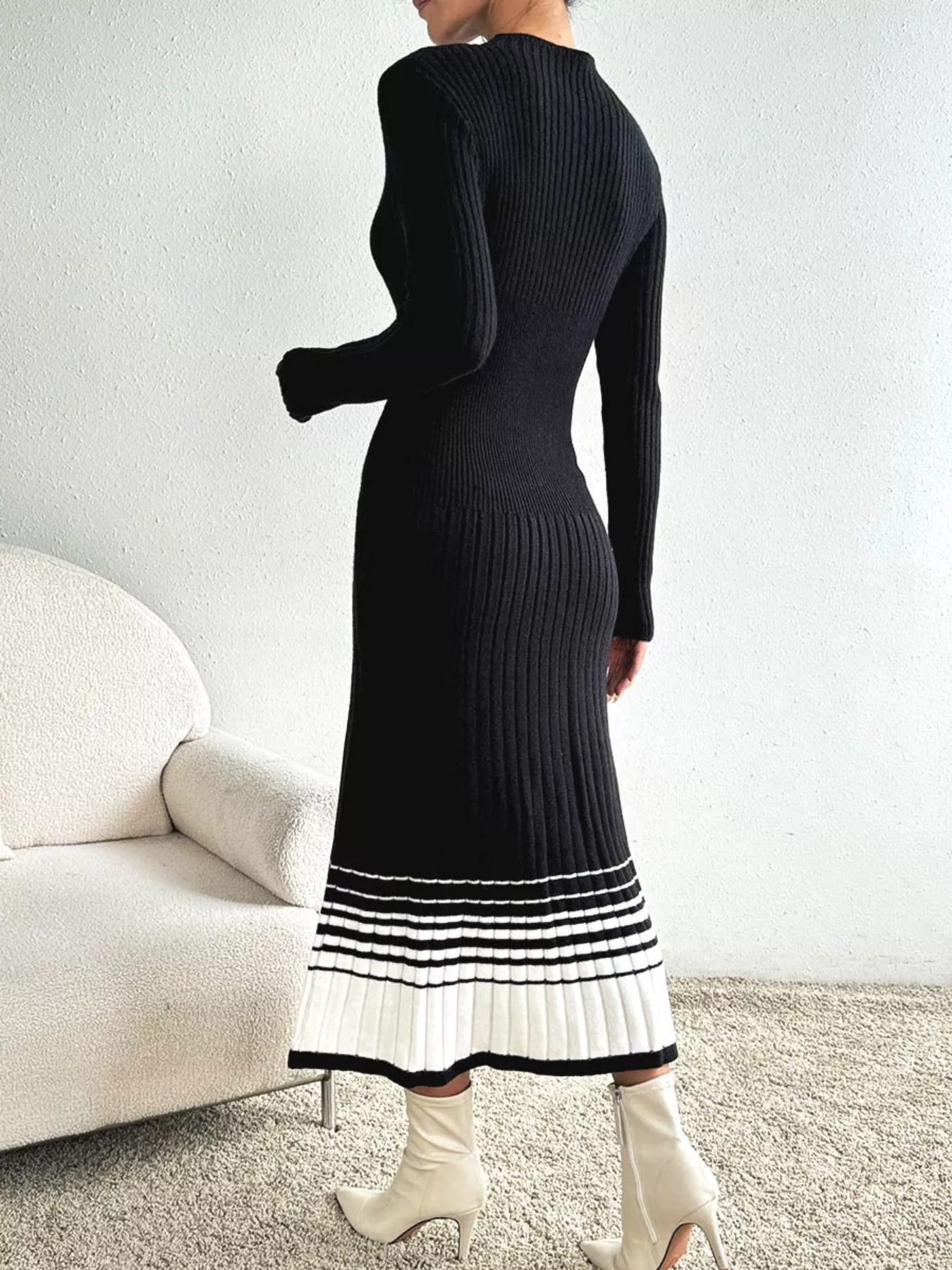 Ribbed Knit Sweater Dress with Striped Hem - Image 8
