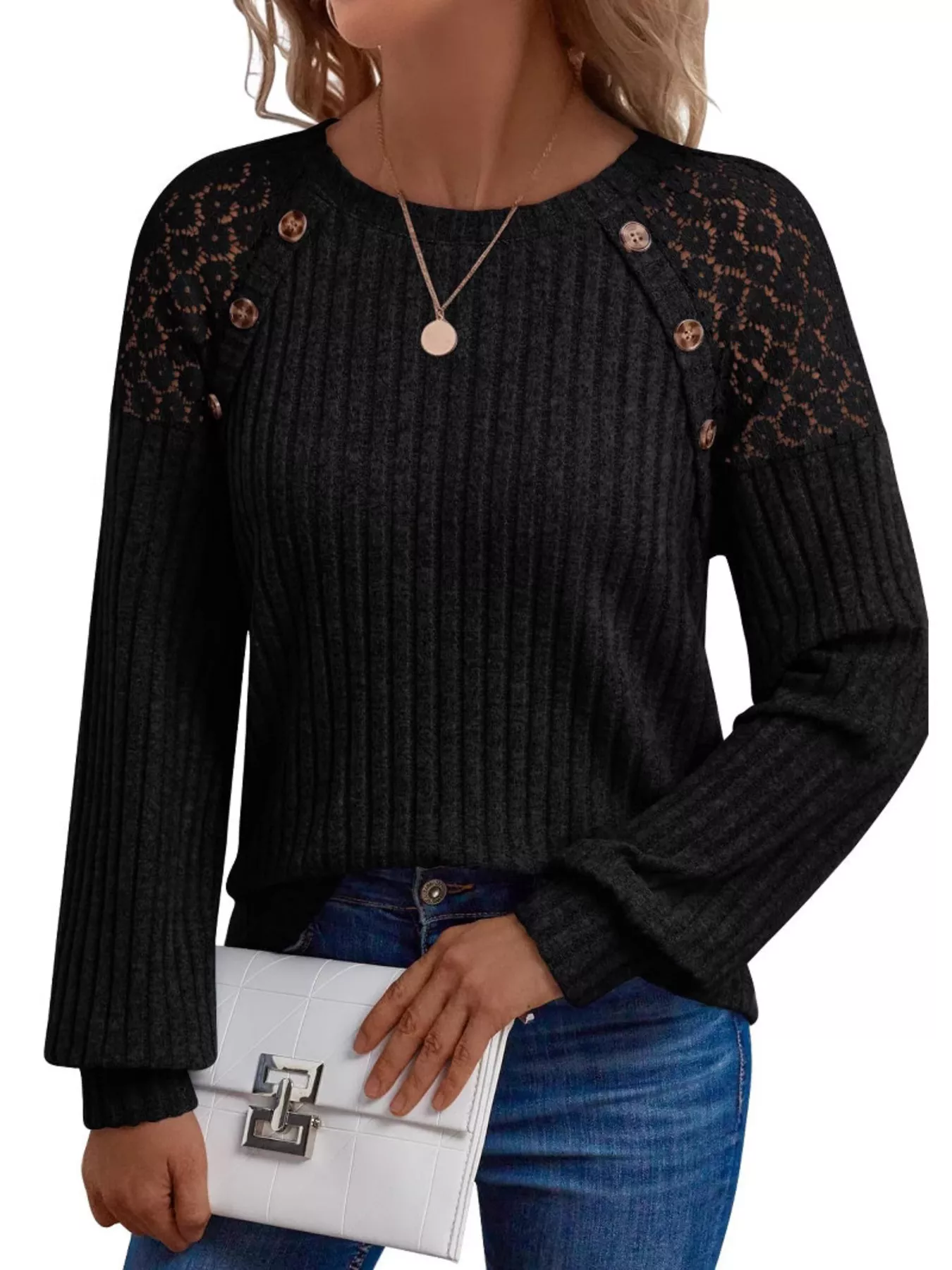 Ribbed Knit T-Shirt with Lace Shoulder Detail - Image 10