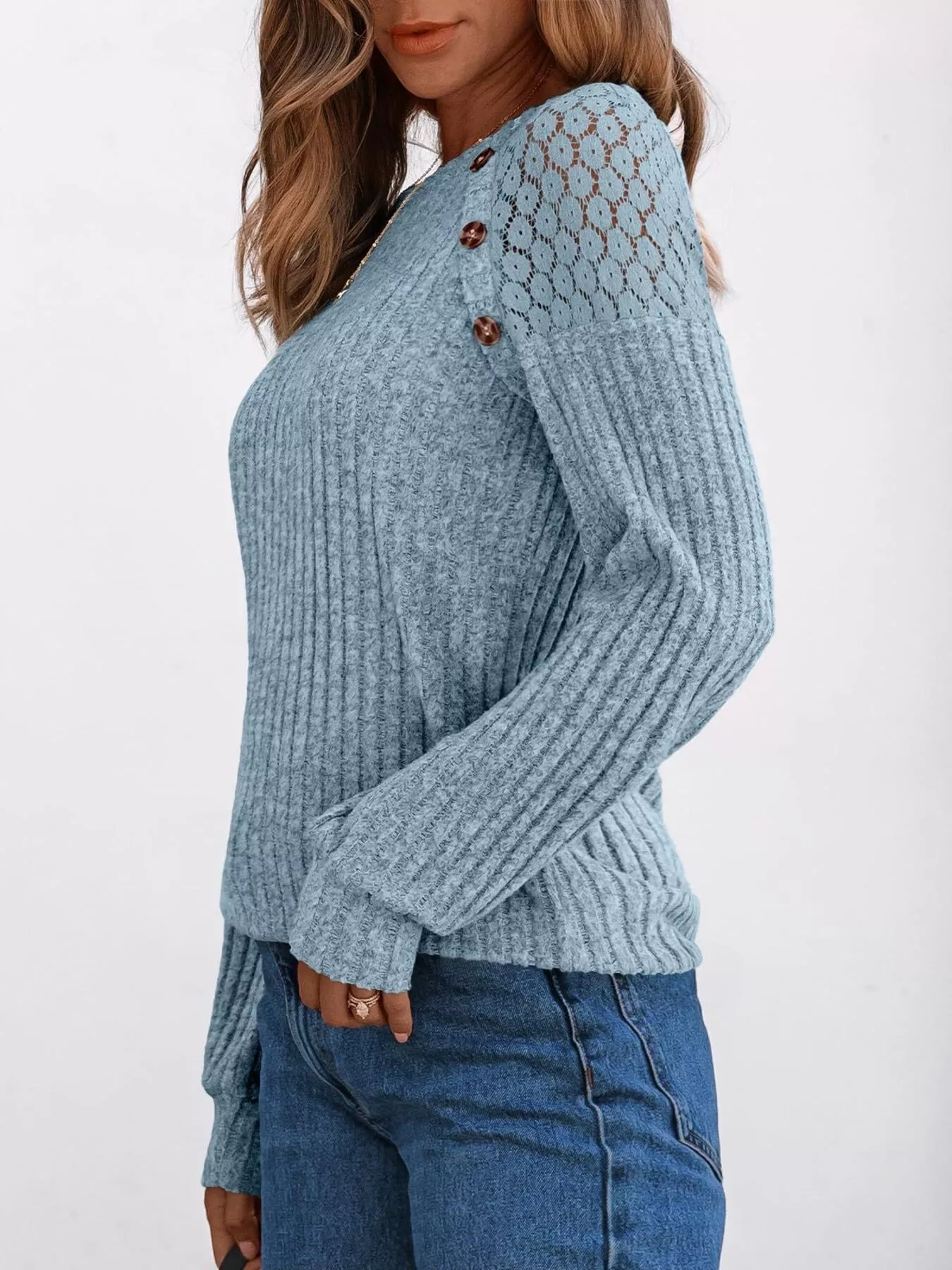 Ribbed Knit T-Shirt with Lace Shoulder Detail - Image 12