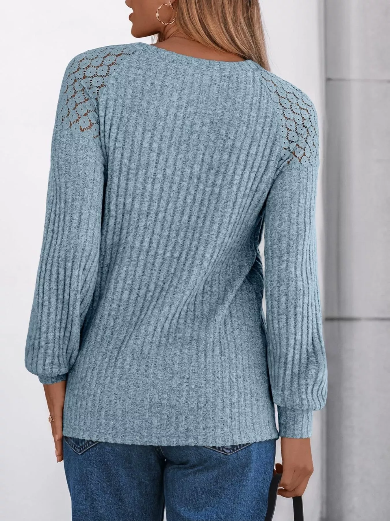 Ribbed Knit T-Shirt with Lace Shoulder Detail - Image 13