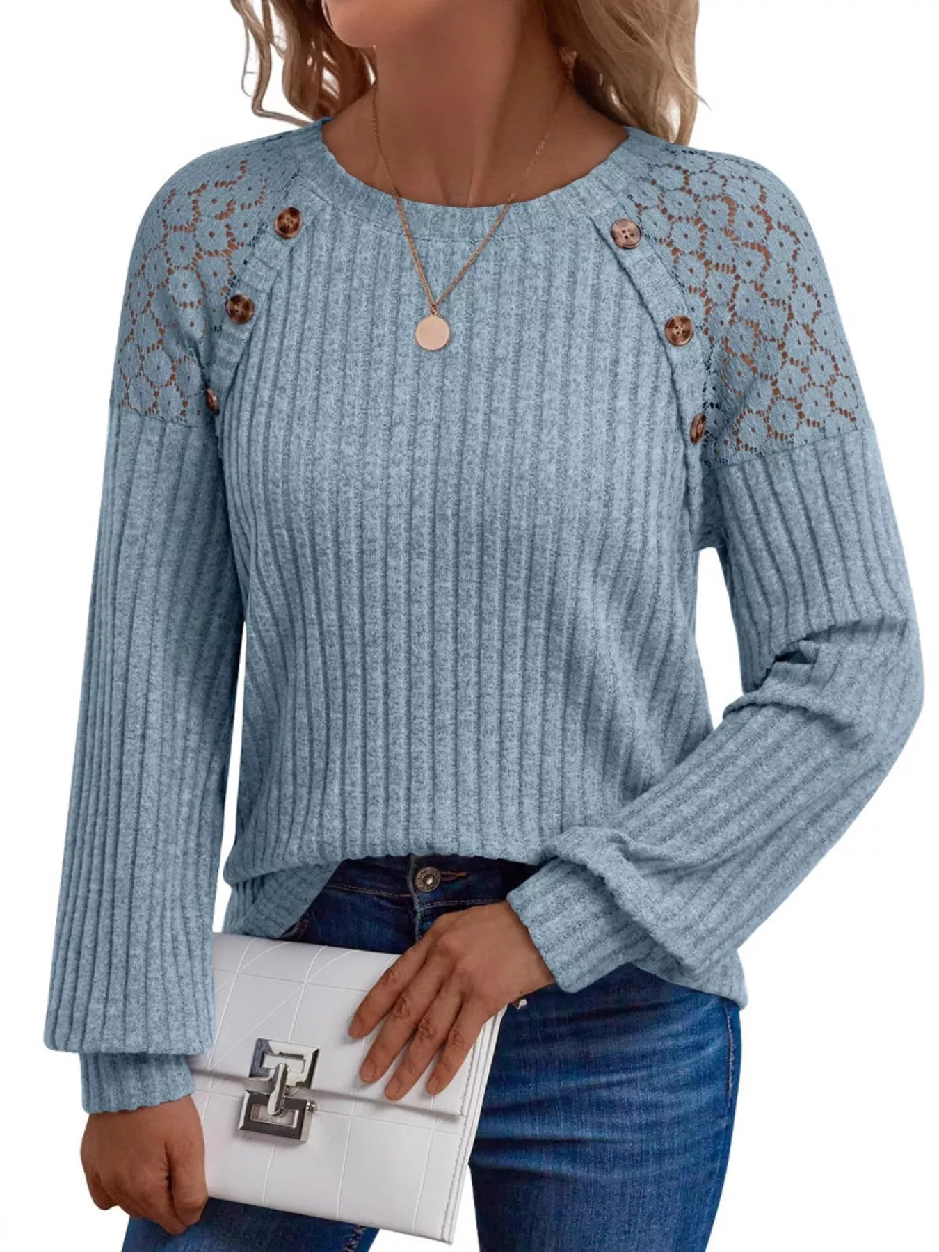 Ribbed Knit T-Shirt with Lace Shoulder Detail - Image 14