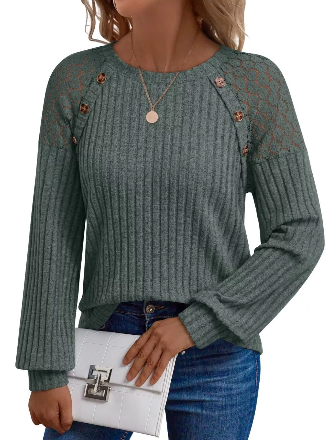 Ribbed Knit T-Shirt with Lace Shoulder Detail - Image 16