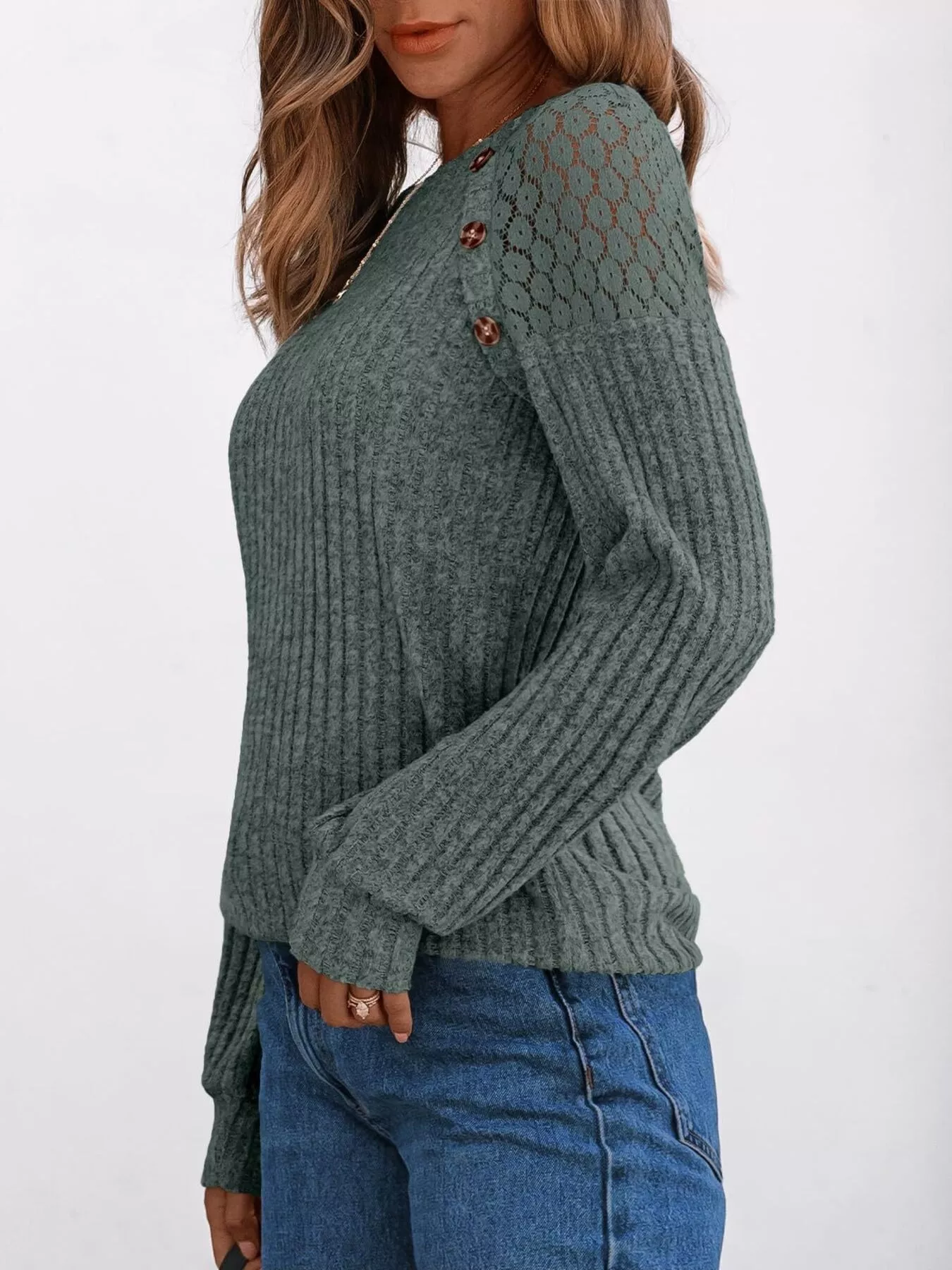 Ribbed Knit T-Shirt with Lace Shoulder Detail - Image 19