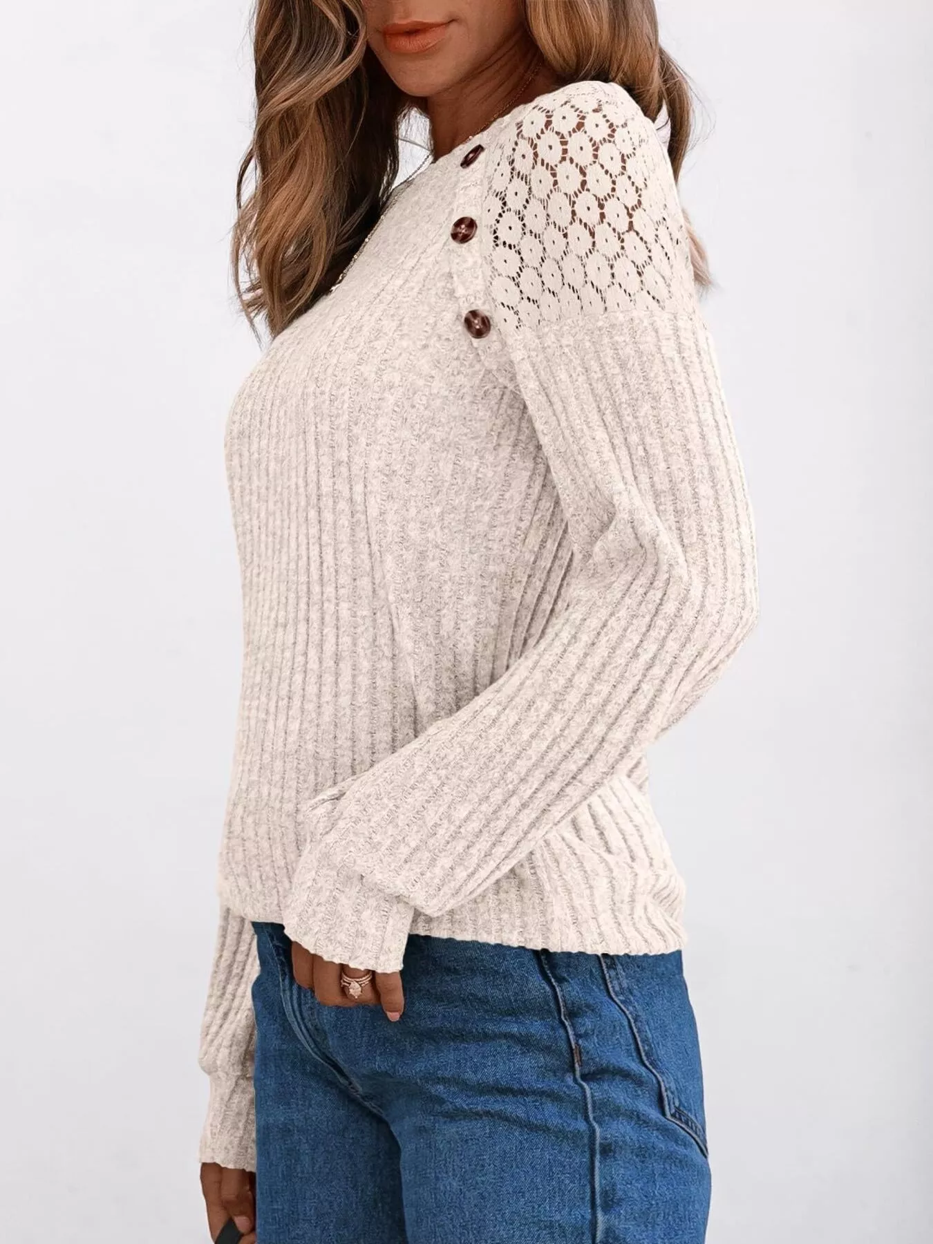 Ribbed Knit T-Shirt with Lace Shoulder Detail - Image 2
