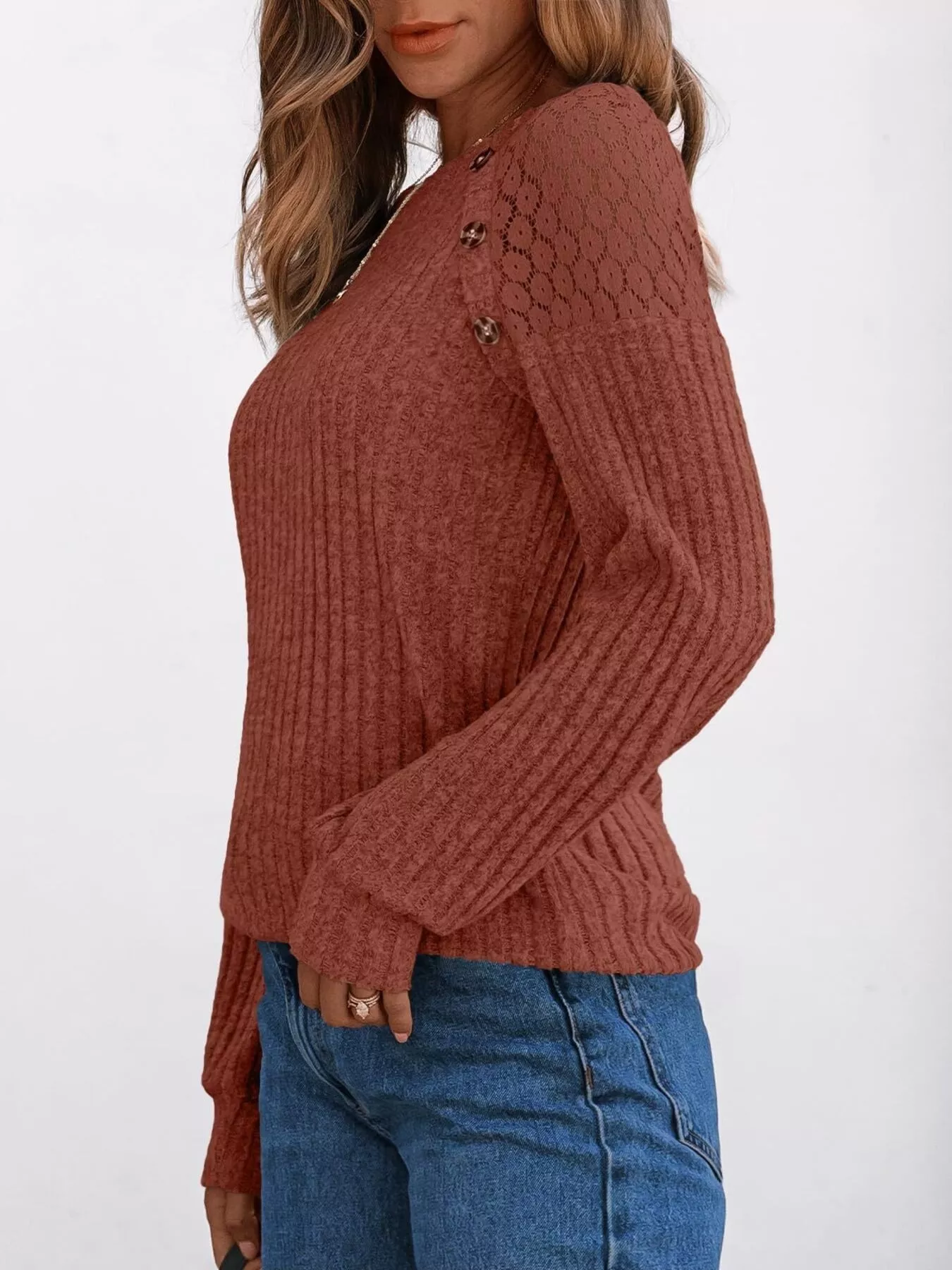 Ribbed Knit T-Shirt with Lace Shoulder Detail - Image 22