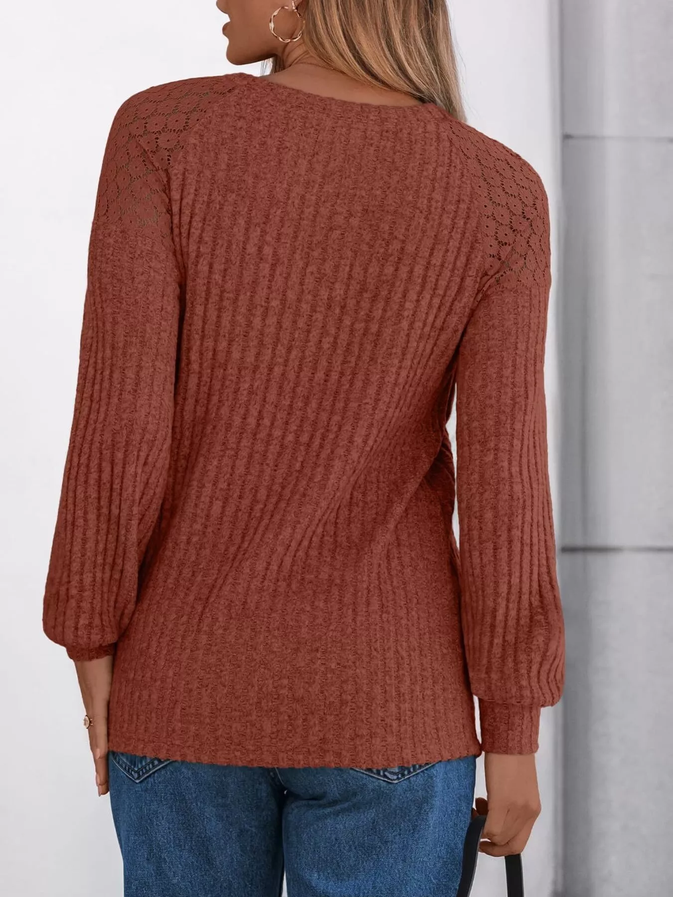 Ribbed Knit T-Shirt with Lace Shoulder Detail - Image 23