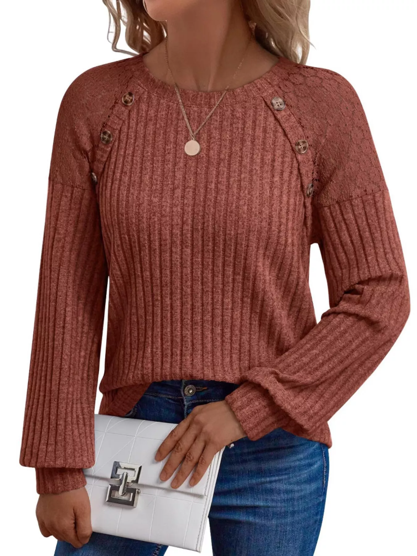 Ribbed Knit T-Shirt with Lace Shoulder Detail - Image 25