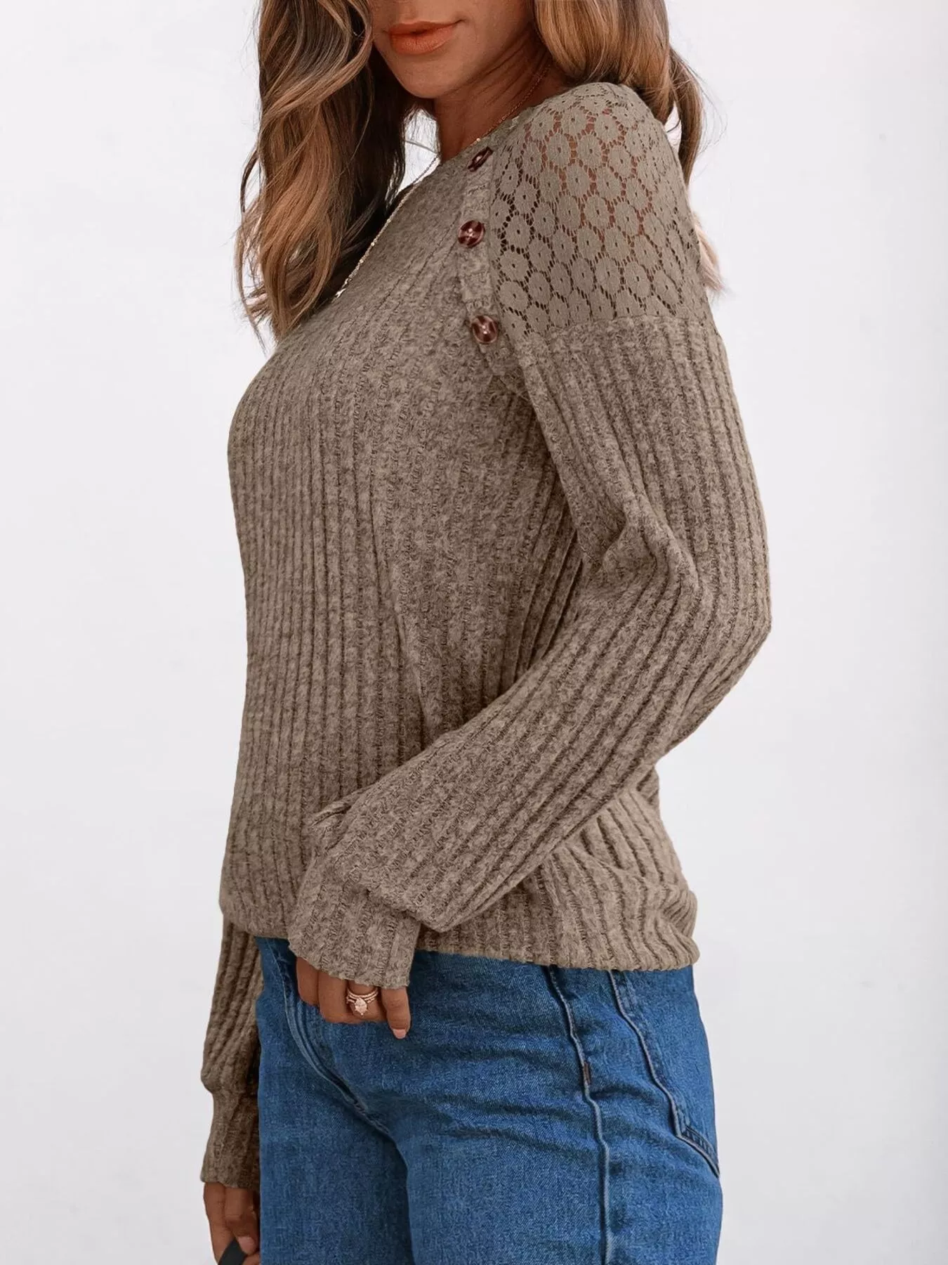 Ribbed Knit T-Shirt with Lace Shoulder Detail - Image 27