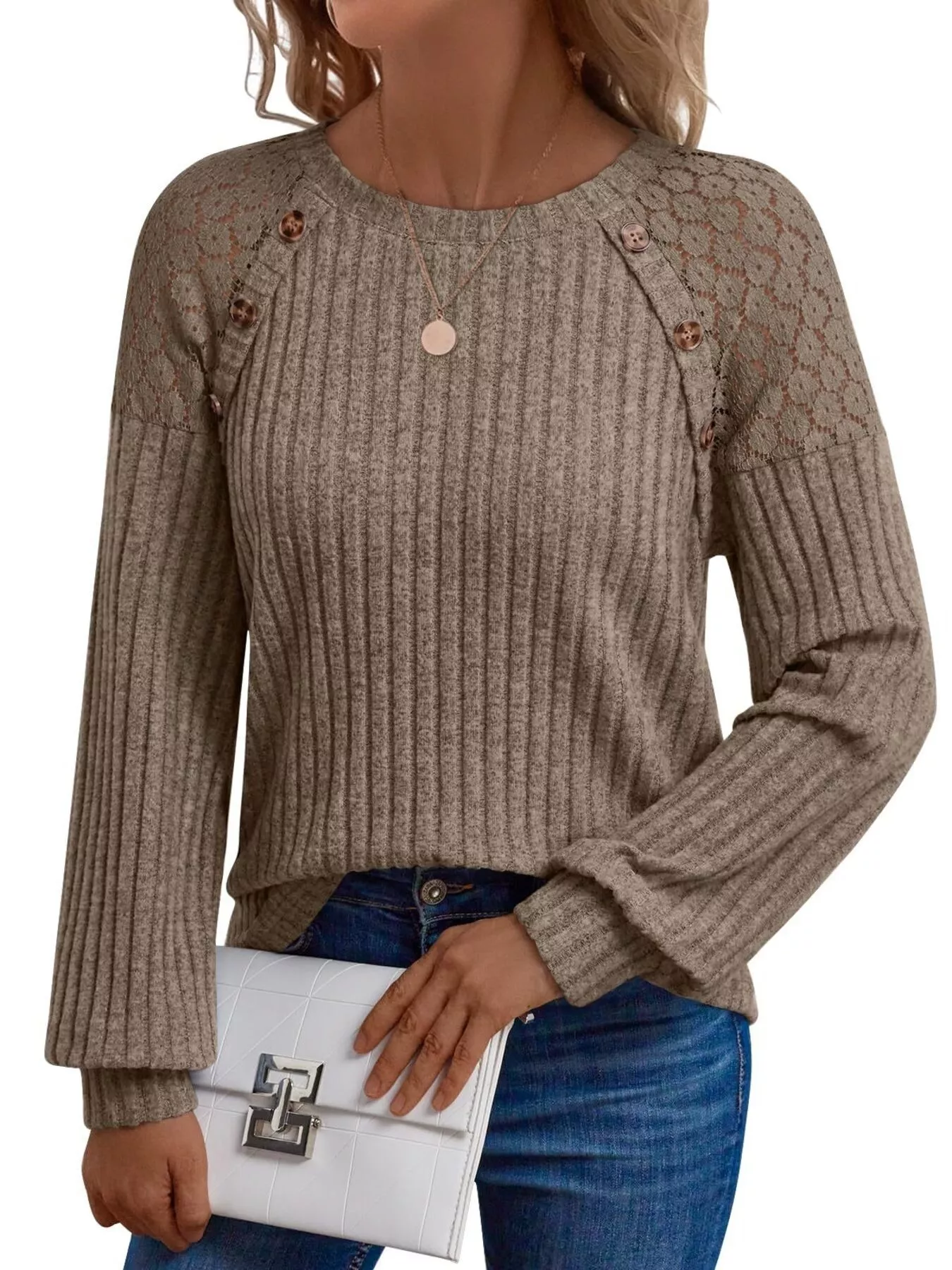 Ribbed Knit T-Shirt with Lace Shoulder Detail - Image 29