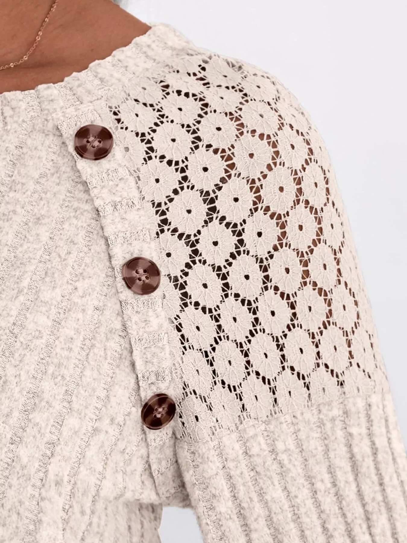 Ribbed Knit T-Shirt with Lace Shoulder Detail - Image 3