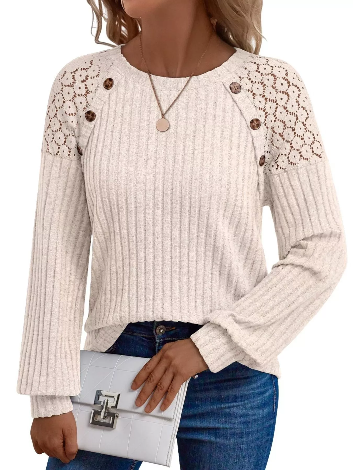 Ribbed Knit T-Shirt with Lace Shoulder Detail - Image 5