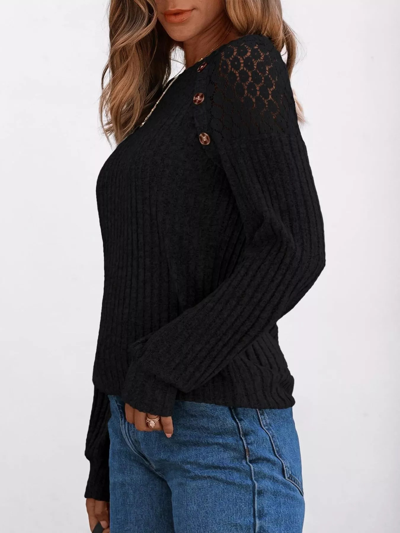 Ribbed Knit T-Shirt with Lace Shoulder Detail - Image 8