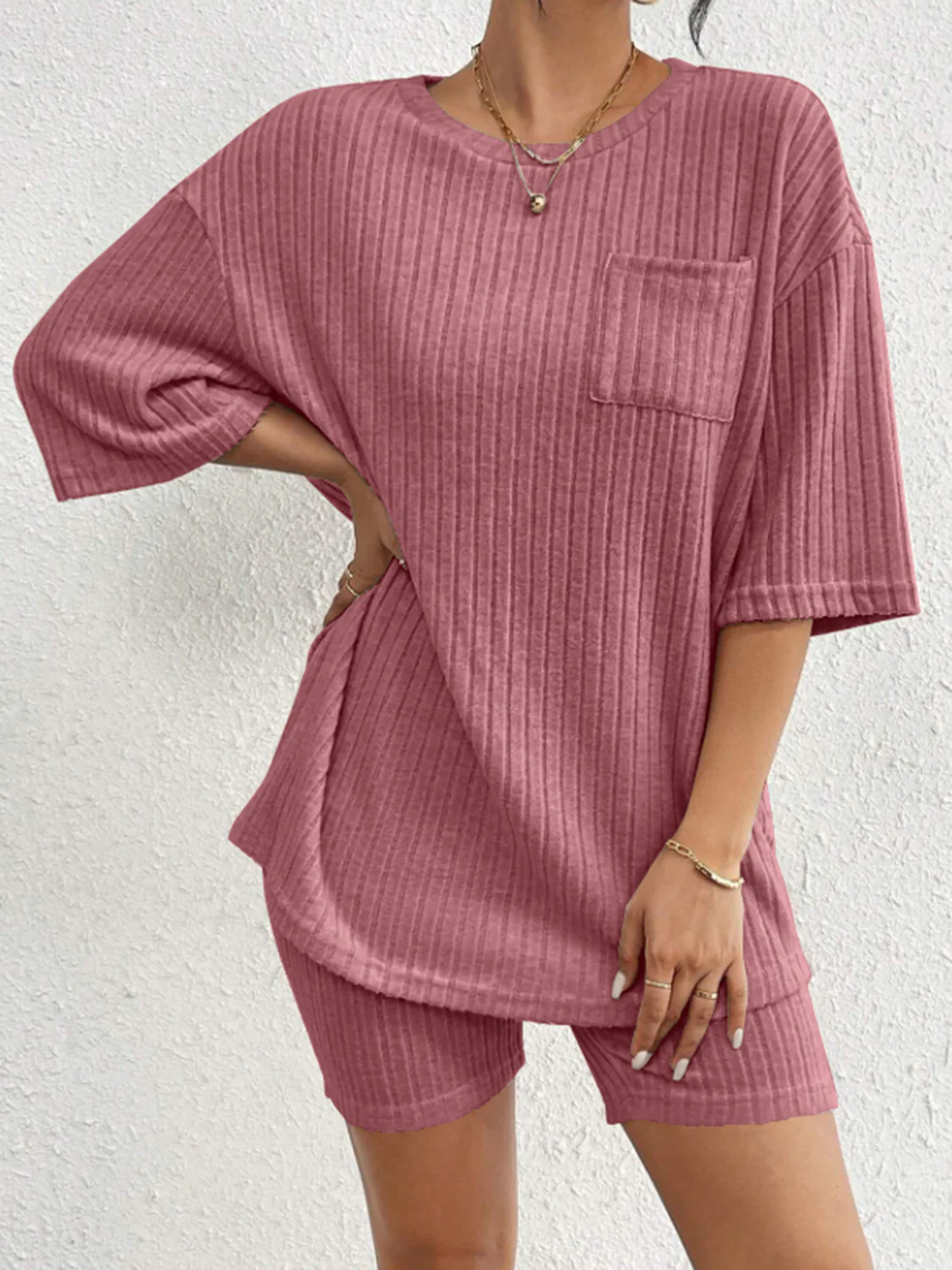 Ribbed Round Neck Top and Shorts Set - Image 24