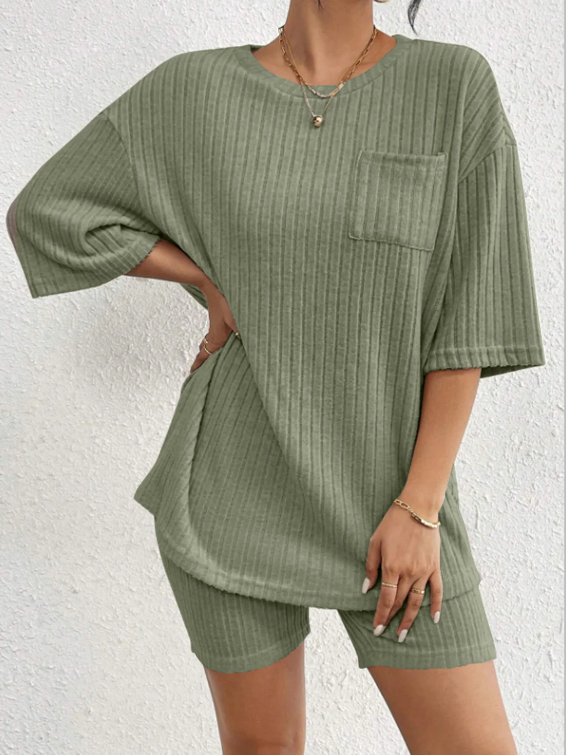 Ribbed Round Neck Top and Shorts Set - Image 29