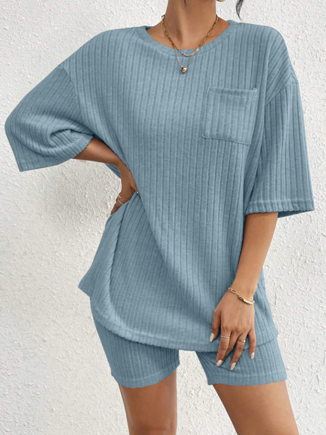 Ribbed Round Neck Top and Shorts Set - Image 9