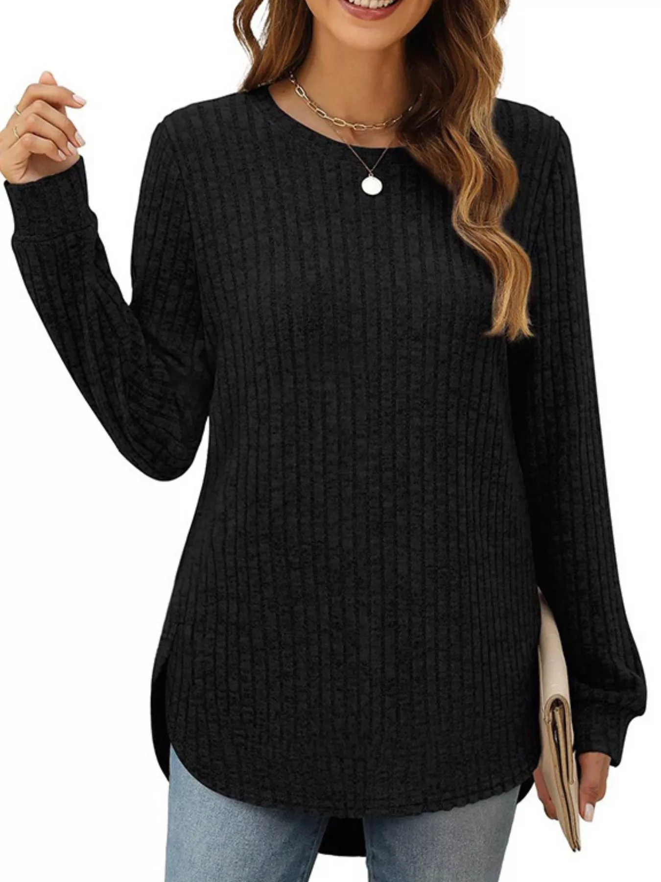 Ribbed Texture Round Neck Long Sleeve Rounded Hem Knit Top - Image 2