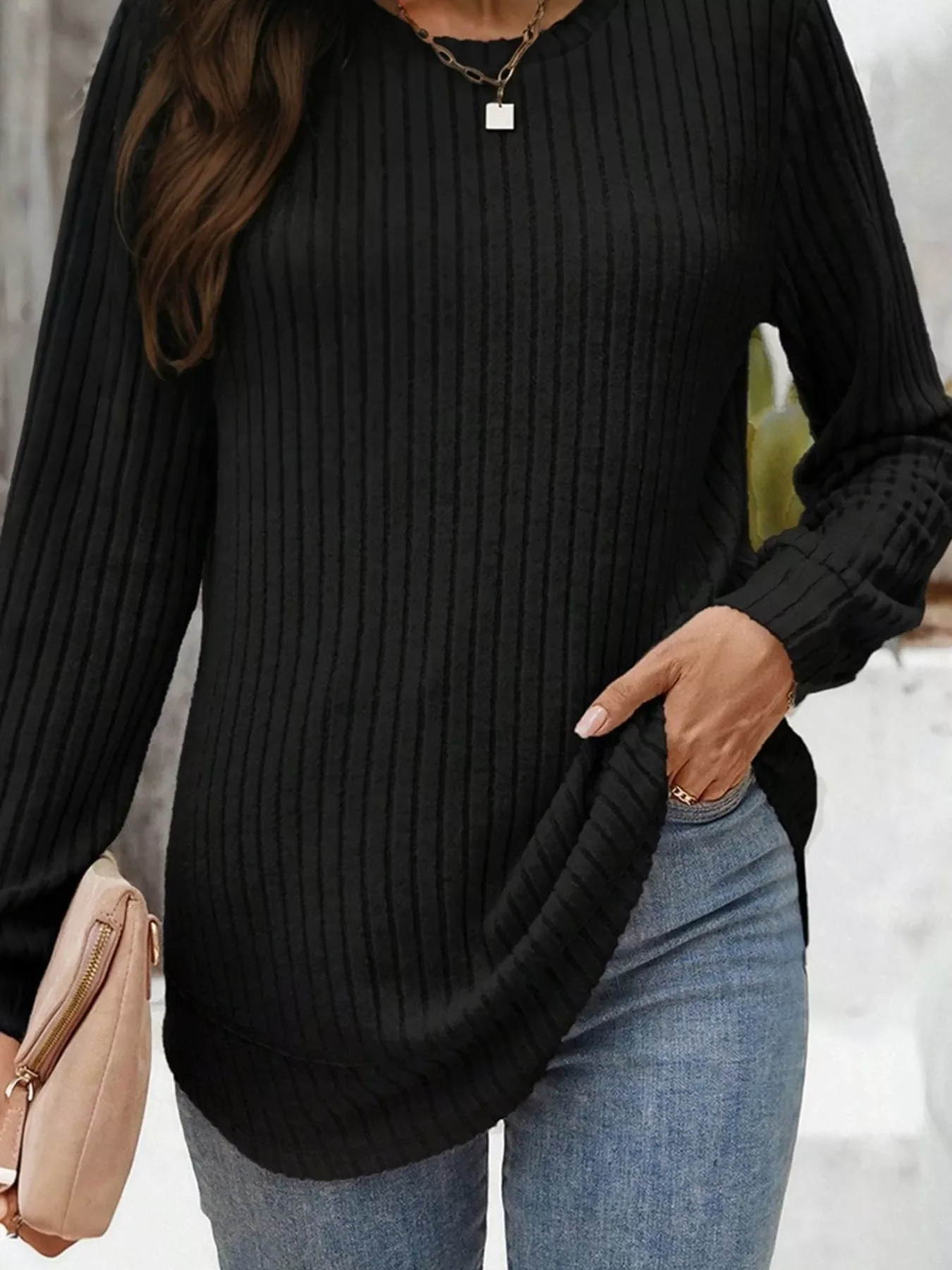 Ribbed Texture Round Neck Long Sleeve Rounded Hem Knit Top - Image 3