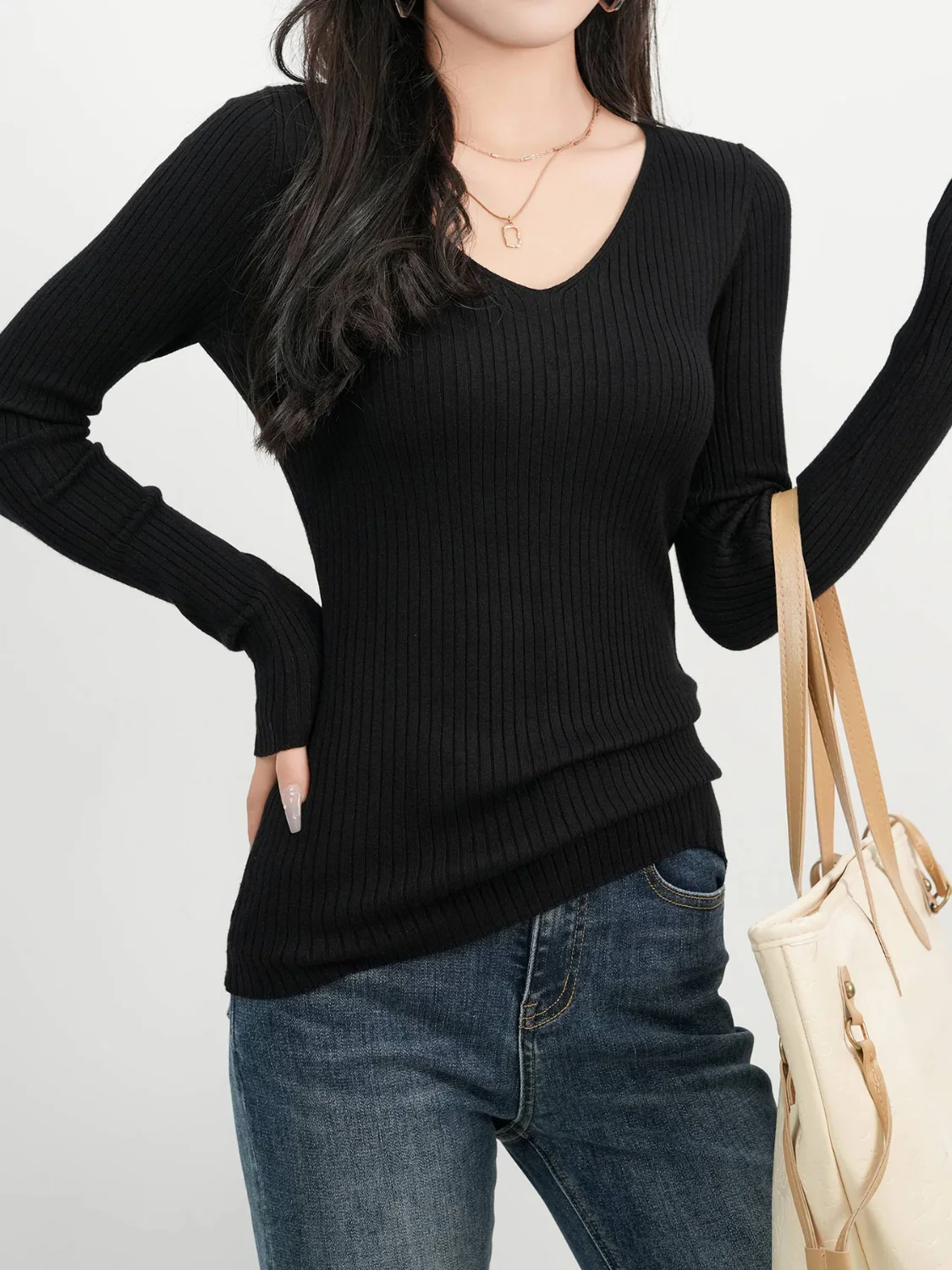 Ribbed V-Neck Long Sleeve Sweater - Image 5