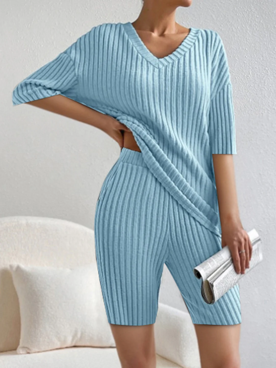 Ribbed V-Neck Top and Shorts Set - Image 11