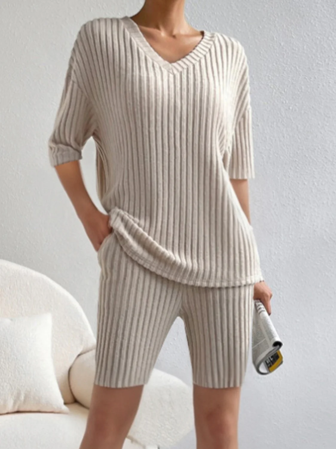 Ribbed V-Neck Top and Shorts Set - Image 4