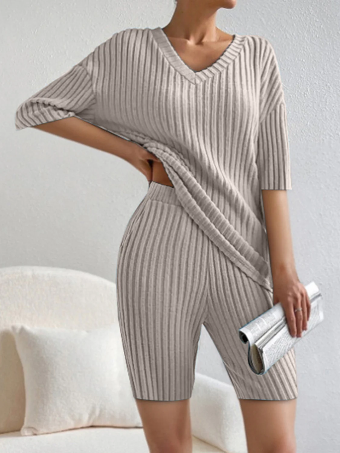 Ribbed V-Neck Top and Shorts Set - Image 5