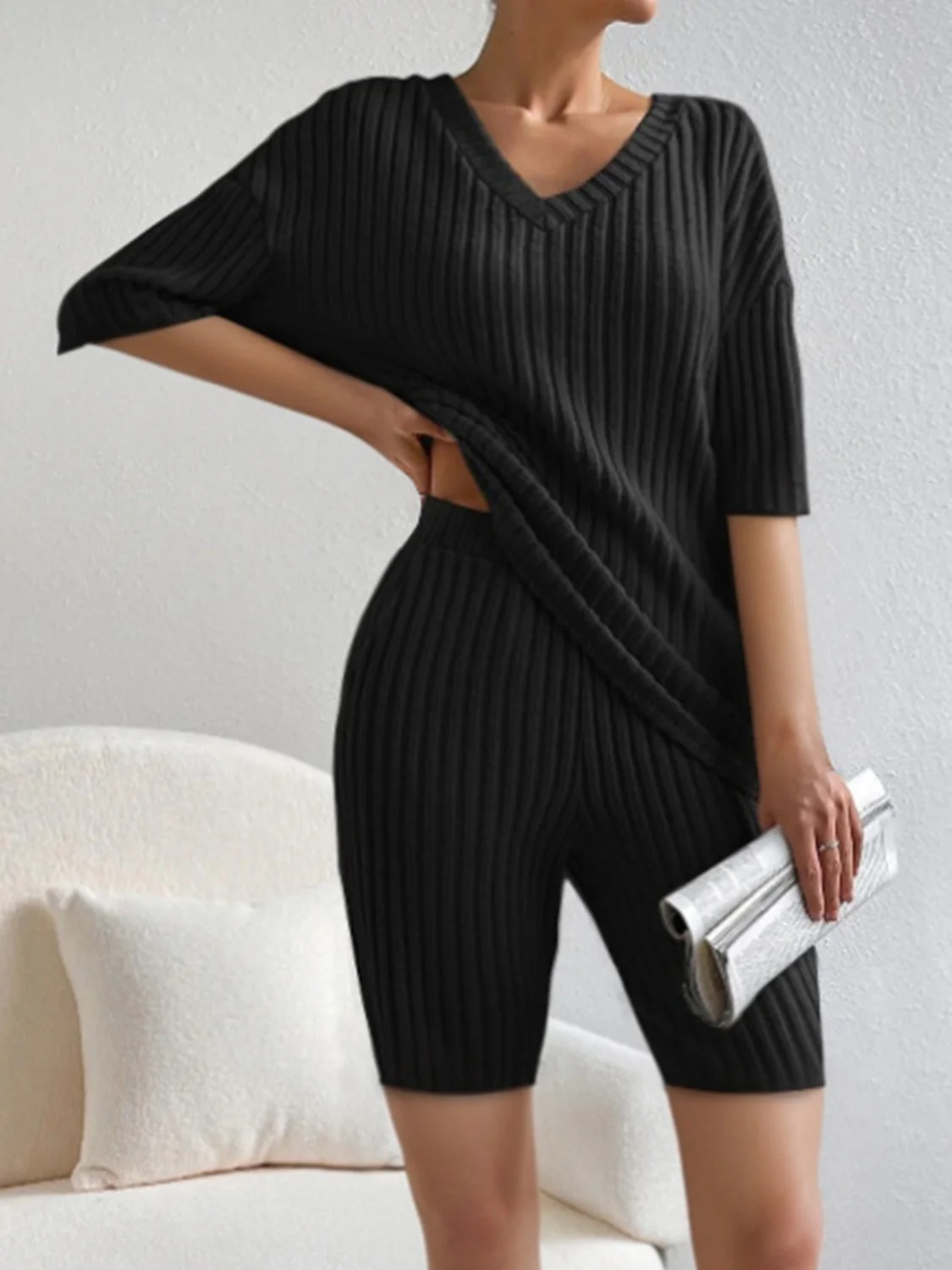 Ribbed V-Neck Top and Shorts Set - Image 8