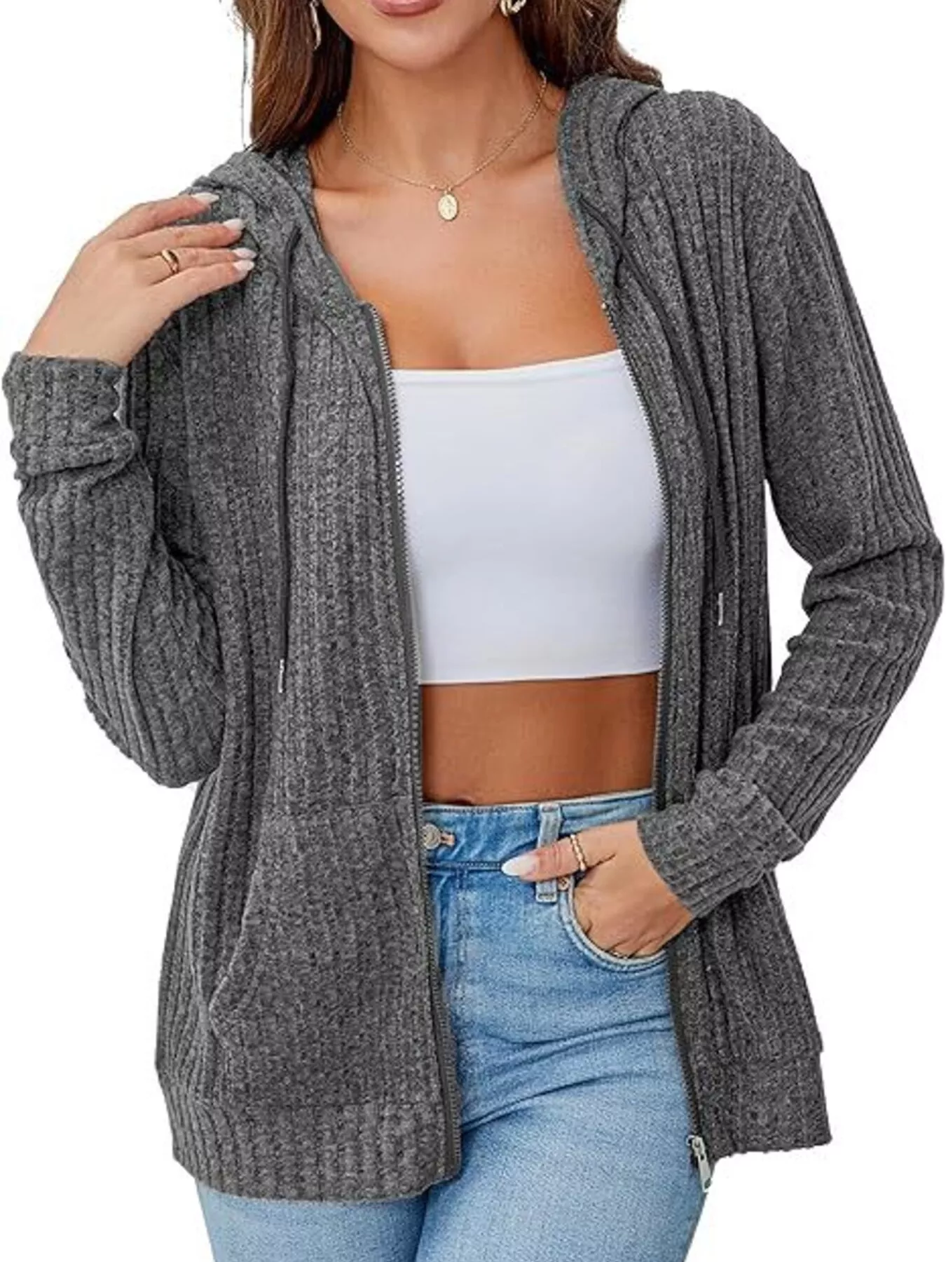 Ribbed Zip Up Hooded Outerwear - Image 4