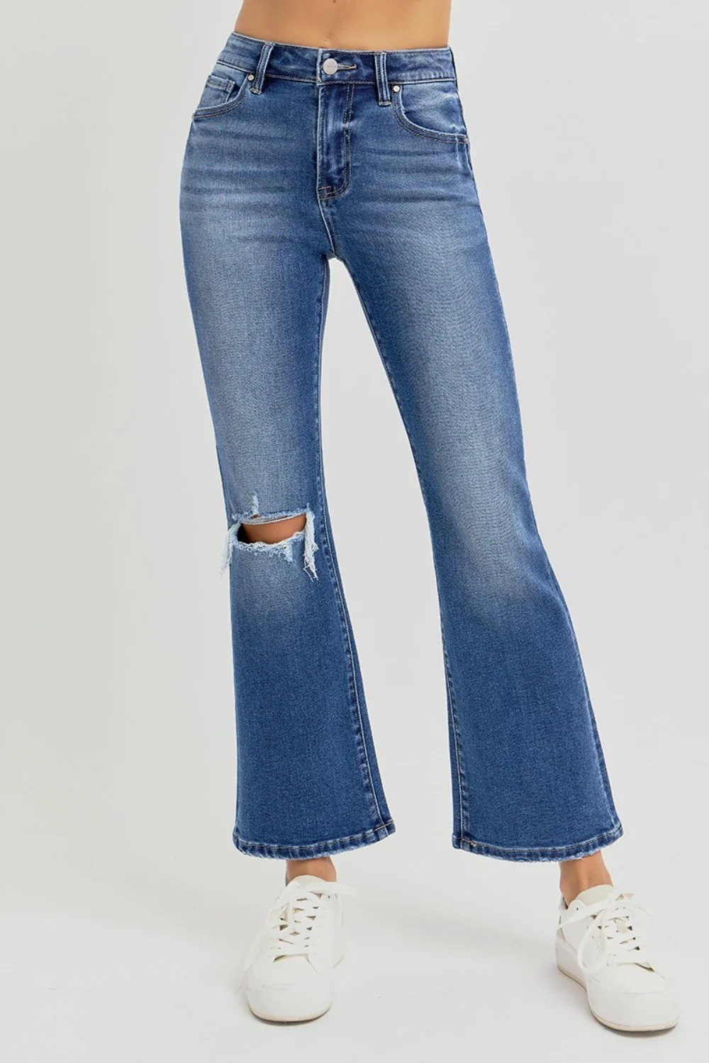 RISEN Full Size Distressed High Rise Crop Flare Jeans - Image 5