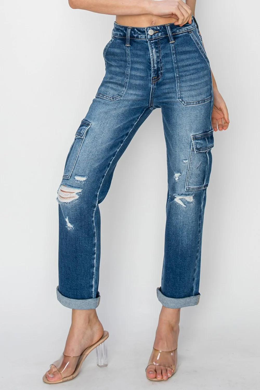 RISEN Full Size High Rise Cargo Ankle Roll Up Straight Jeans - Image 5