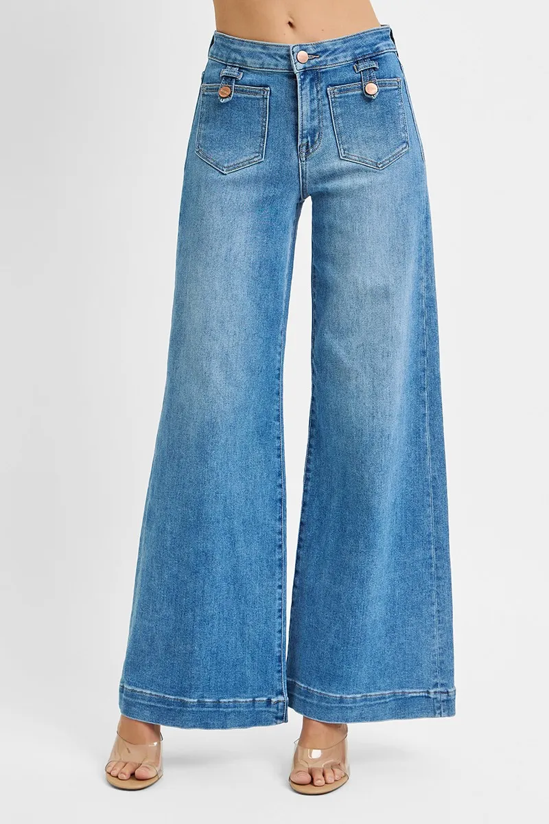 RISEN Full Size Mid Rise Wide Front Patch Pocket Jeans Plus Size - Image 2