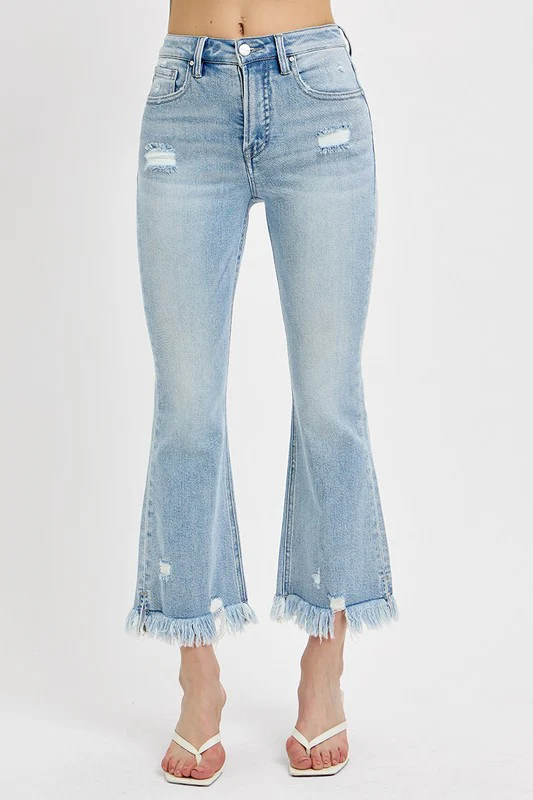 RISEN Full Size Raw Hem Distressed Cropped Flare Jeans Plus Size - Image 4