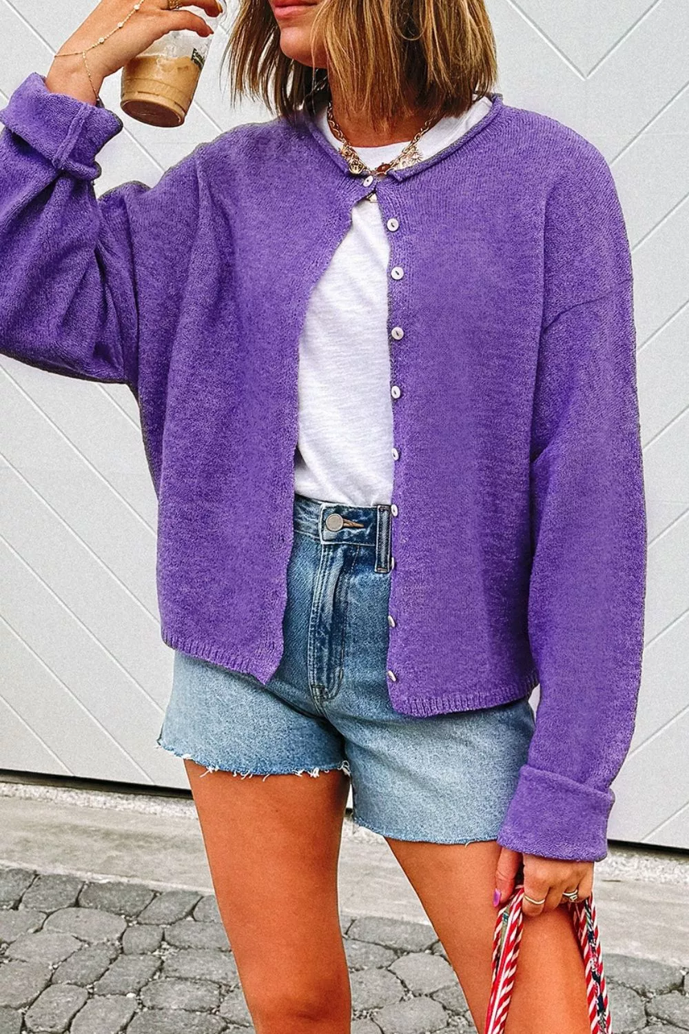 Round Neck Button-Down Knit Cardigan - Image 2