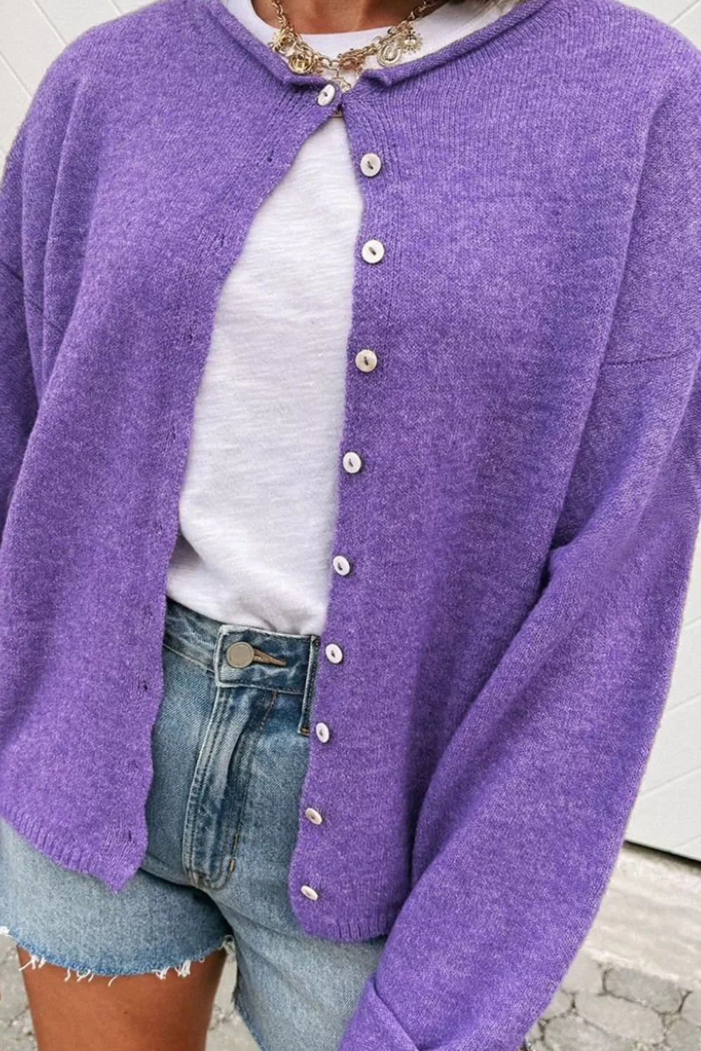 Round Neck Button-Down Knit Cardigan - Image 3