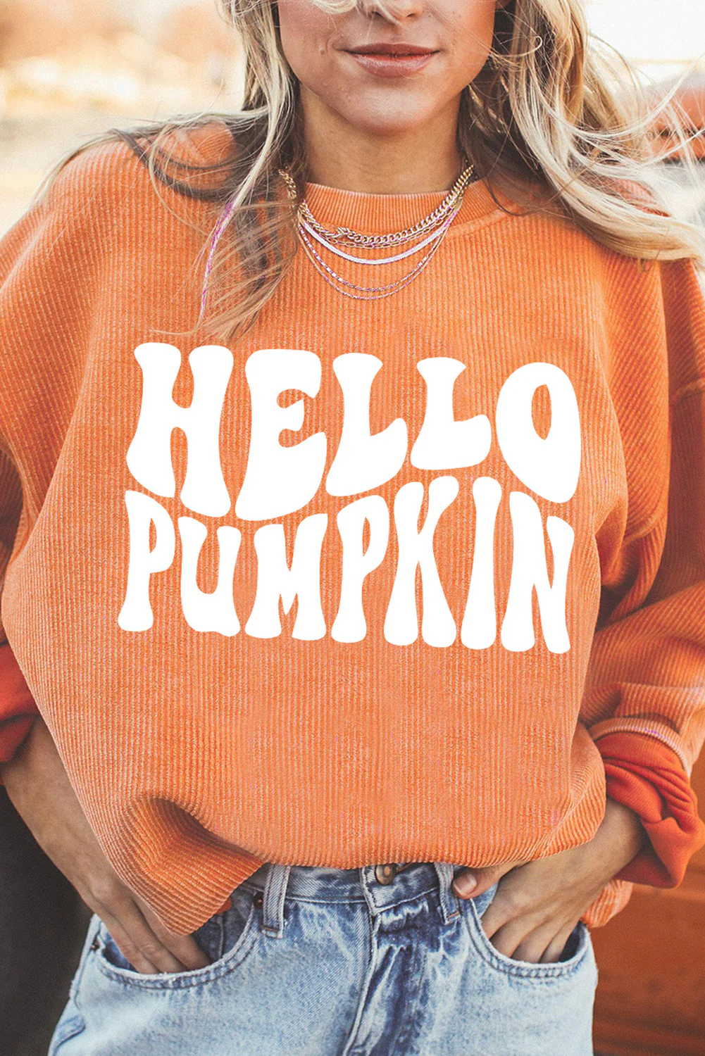 Round Neck Dropped Shoulder HELLO PUMPKIN Graphic Sweatshirt - Image 2