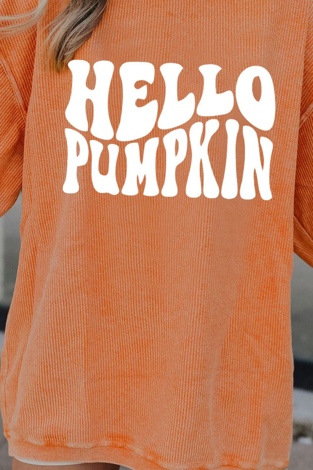 Round Neck Dropped Shoulder HELLO PUMPKIN Graphic Sweatshirt - Image 3